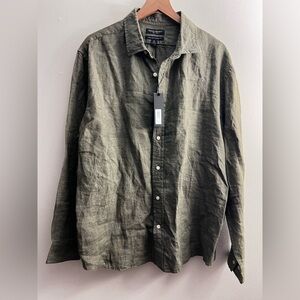 Banana Republic men Olive green Linen button down shirt long sleeve relaxed XL